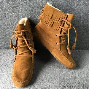 Minnetonka Suede Lace up Fleece Lined Fringe Moccasins Sz 8